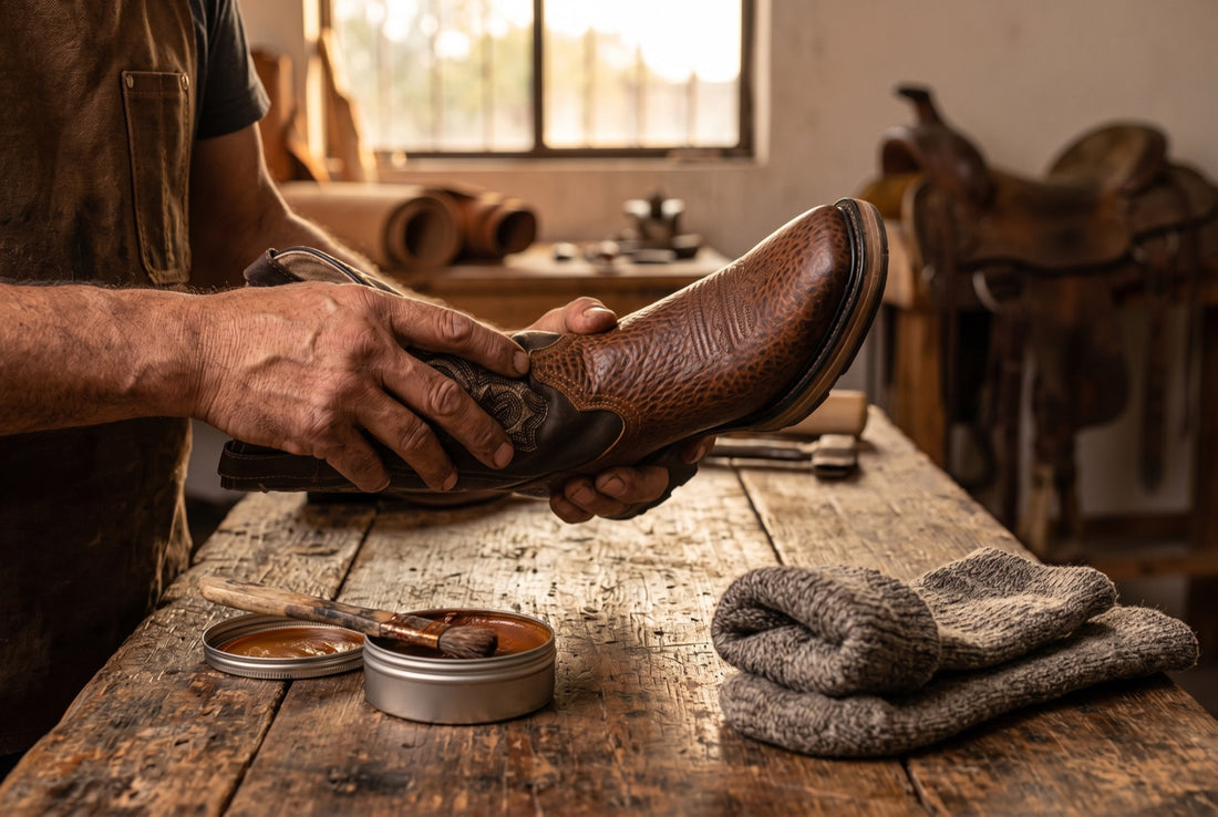 Manos flexionando la caña de una bota vaquera nueva de piel grabada café