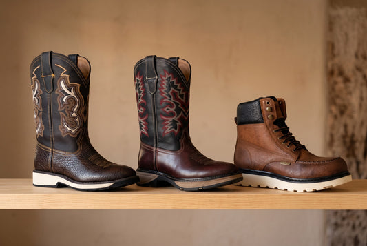 Tres botas vaqueras de piel en tonos café, vino chocolate y miel alineadas sobre repisa de madera