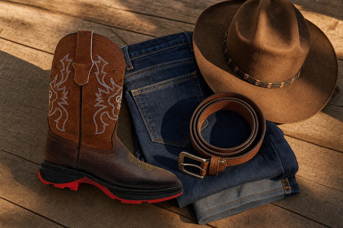 Bota vaquera de piel café con jeans, cinturón y sombrero — outfit vaquero moderno