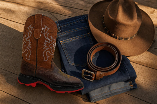 Bota vaquera de piel café con jeans, cinturón y sombrero — outfit vaquero moderno