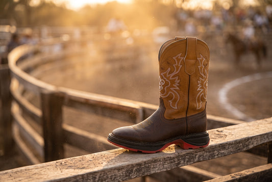 Bota vaquera de piel café miel junto al ruedo de un lienzo charro al atardecer