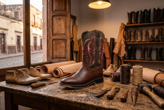 Bota roper de piel roble sobre banco de trabajo de taller botero en León Guanajuato