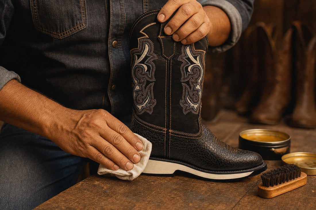 Manos aplicando crema acondicionadora a bota de piel café DURANGO