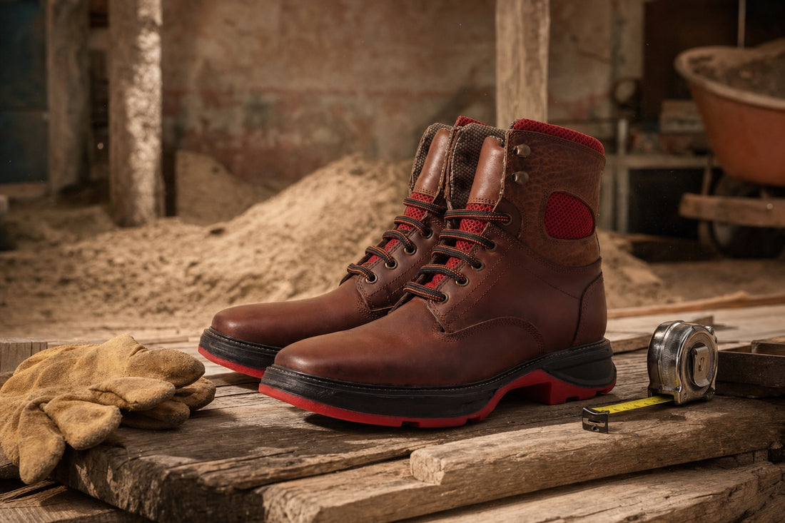 Botas de trabajo de piel DAKOTA y KANSAS sobre tablones con guantes de carnaza