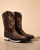 Bota vaquera Durango 008 café oscuro con bordado blanco y suela blanco y negro